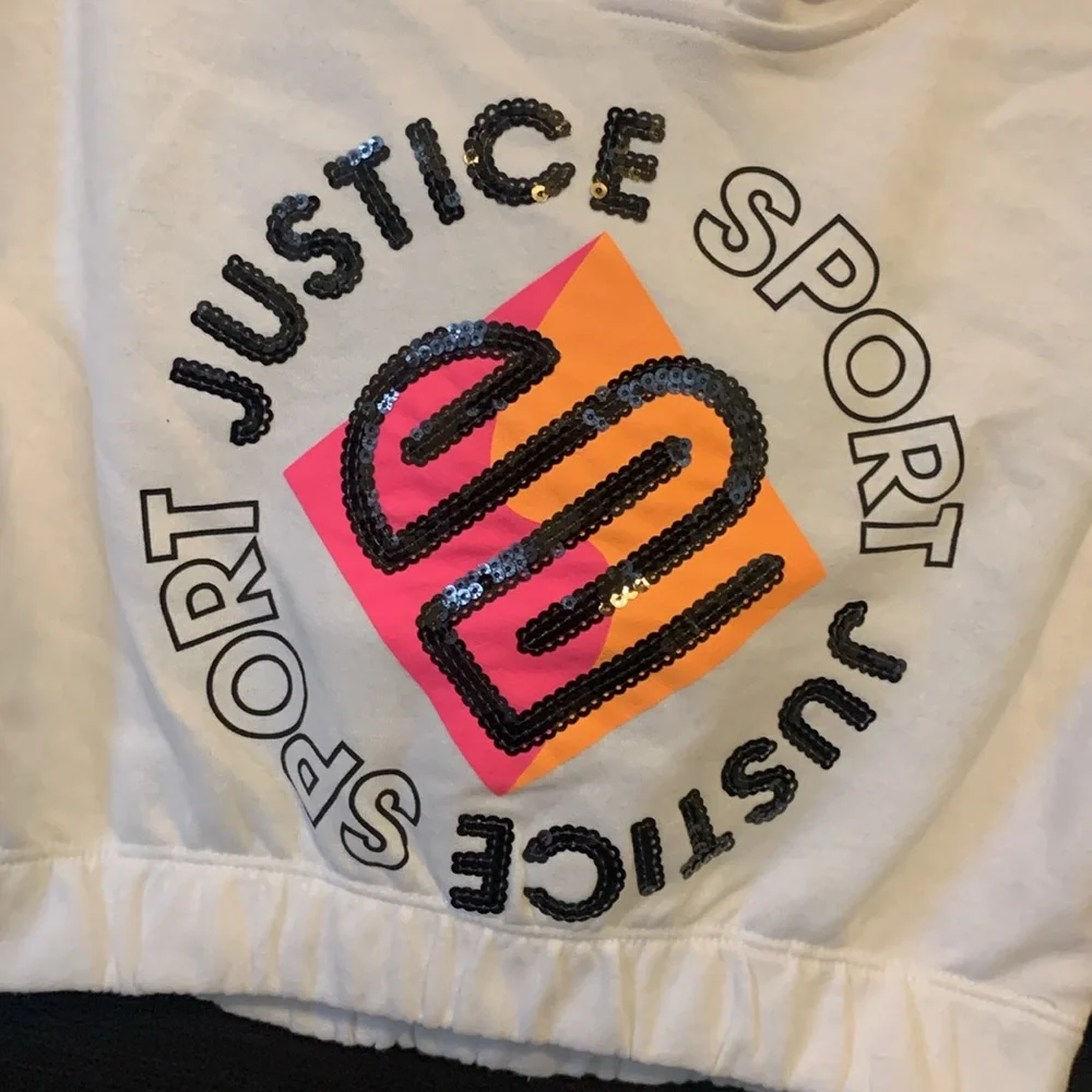 Justice Sport Girls White Short Sleeve Pullover Graphic Hoodie - NWOT